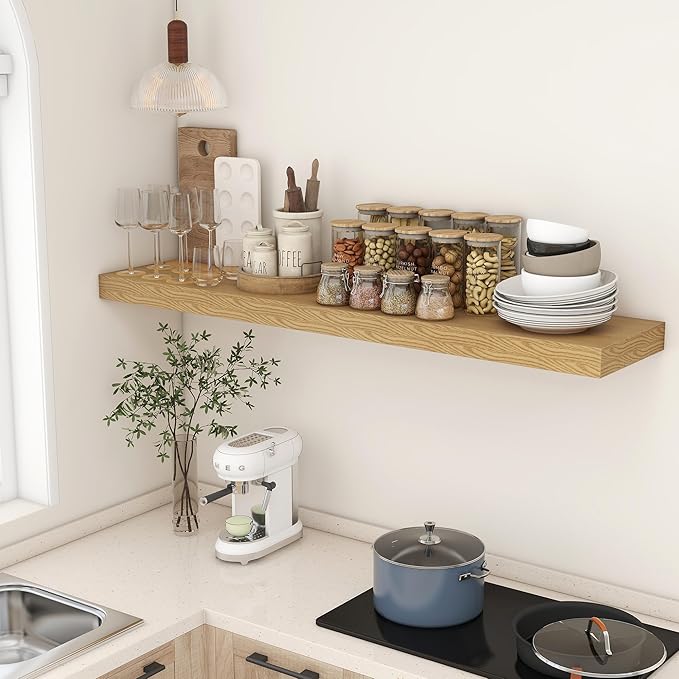 Deep Floating Shelves for Wall - 55 Inch Wide x 12 Inch Deep Wall Shelves Set of 1 - Rustic Oak Color Wood Shelves for Living Room, Bathroom, Laundry Room, Bedroom, Kitchen, Home Office-Ruum Studio Home