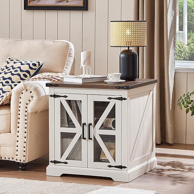 24" End Table with Charging Station, Farmhouse Night Stand with Glass Barn Door, White Nightstands with Adjustable Storage Shelf, Large Wood Square Bed Side Table for Living Room,Bedroom-Ruum Studio Home