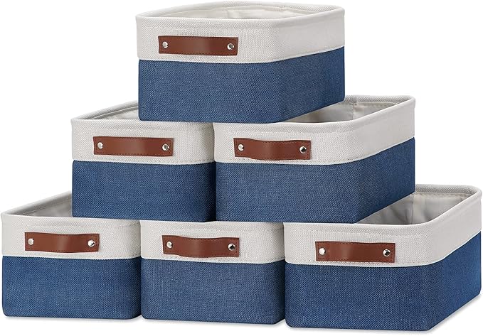DULLEMELO Set of 6 Small Baskets for Organizing, Small Fabric Storage Bins for Toys Storage, Collapsible Storage Bins with Leather Handles for Shelves, Closets, Laundry, Nursery(White&Blue)-Ruum Studio Home