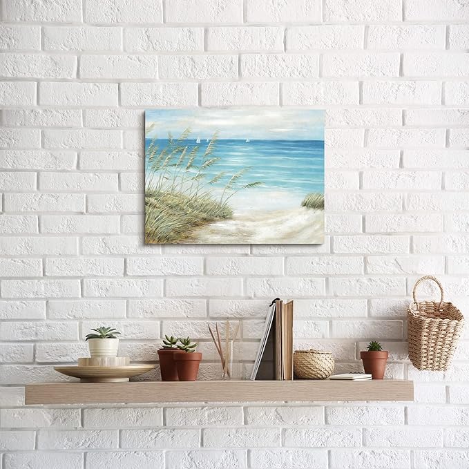 Beach Sea Canvas Wall Art: Seaside Coastal Reed Painting Blue Ocean Nautical Picture Modern Minimalist Seascape Grass Path Artwork Decor for Living Room Bedroom-Ruum Studio Home