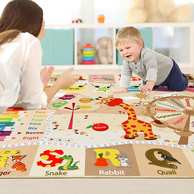 Kids Rugs for Playroom Washable, Educational and Fun Learning Rugs with ABC Alphabet Animals Shapes, Baby Toddler Children's Play Mat for Bedroom Classroom Nursery, 3x5 Feet, Beige and Pink-Ruum Studio Home