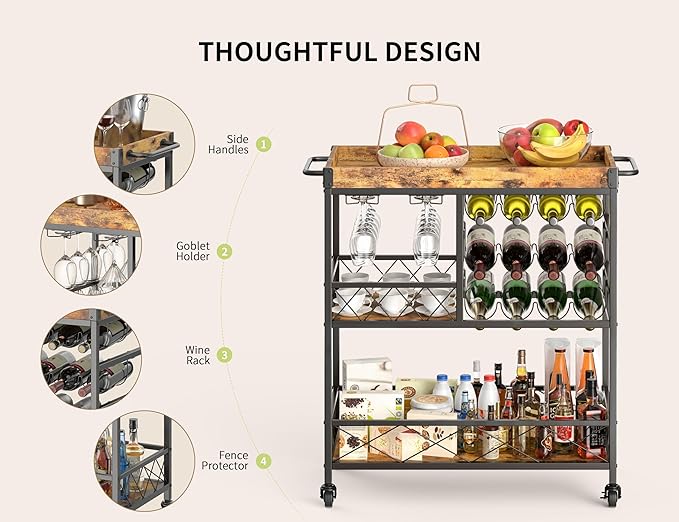 Gizoon Bar Cart, 3 Tier Coffee Cart with Lockable Wheels, 12-Bottle Wine Rack, and Hanging Glass Holder, Kitchen Rack with Removable Tray, for Kitchen, Dining Room, Entertaining, Club Party,Retro-Ruum Studio Home