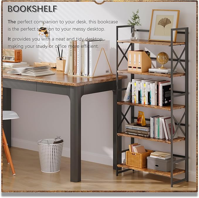 4NM 5 Tiers No Assembly Book Shelves, 51.2" H Folding Bookshelf Bookcase Open Industrial Foldable Shelves for Bedroom, Living Room, Home Office - Rustic Brown Black-Ruum Studio Home
