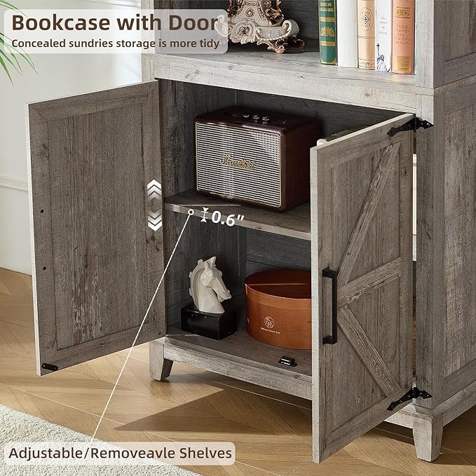 70in Tall Bookshelf 5 Tier Bookcase with Barn Doors and Adjustable Shelves, Grey Farmhouse Book Shelf with Storage Cabinet, Wood Freestanding Display Bookshelves for Bedroom, Living Room-Ruum Studio Home