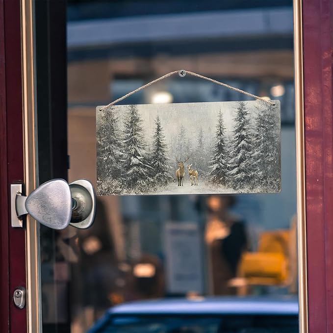 Winter Pine Tree Deer Wooden Sign, 12x6 inches, Rustic Wall Decor for Home, Office or Gifting-Ruum Studio Home