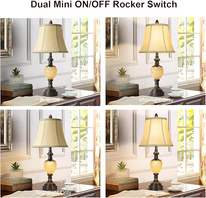 27'' High Vintage Table Lamp Set of 2 for Living Room Farmhouse Bedside Lamp with Fabric Shades Boho Nightstand Lamp with USB and Nightlight for Bedroom Home Office Hotel Bar (Bulb Included)-Ruum Studio Home