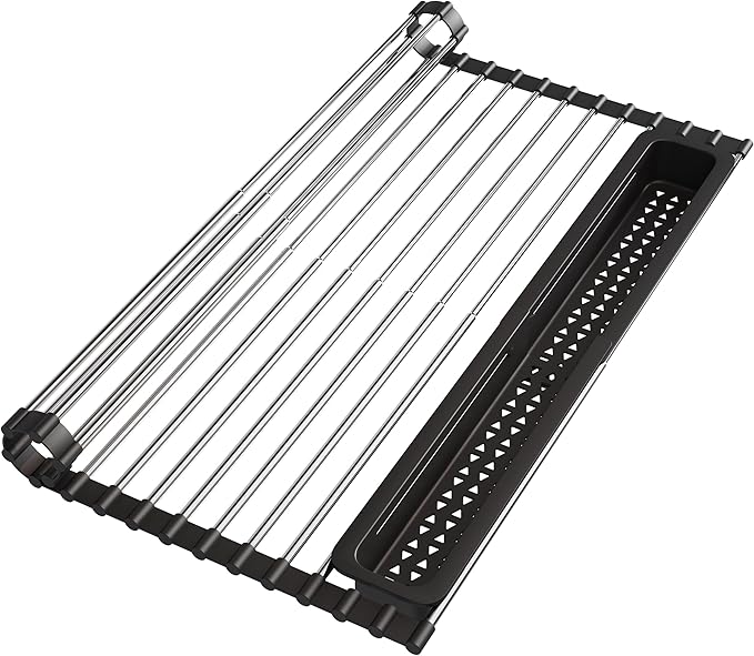 Roll Up Dish Drying Rack, Expandable (12.8"-23.8" D x 12.8" W) Stainless Steel Portable Over The Sink Dish Drainer for Kitchen Sink Counter, Foldable Sink Cover with Removable Utensil Holder-Ruum Studio Home