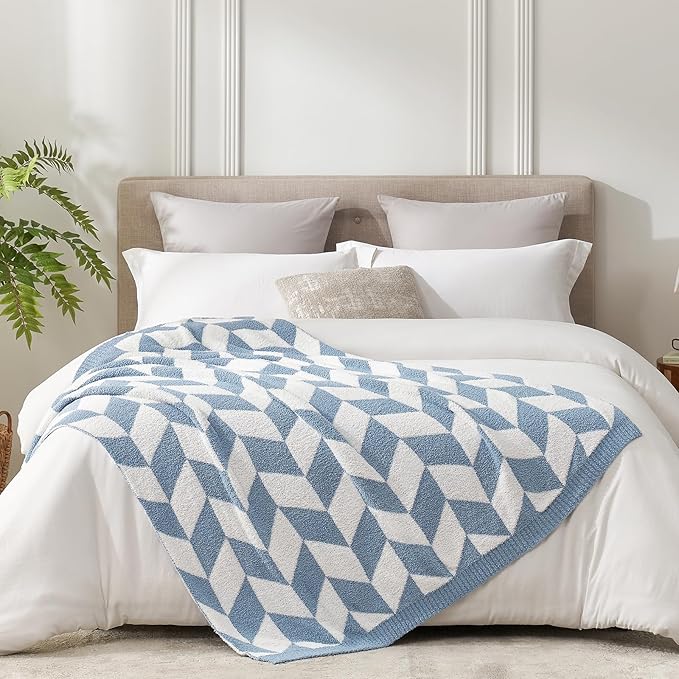 Snuggle Sac Chevron Throw Blanket for Couch, Reversible Super Soft Warm Blankets Cozy Knit Fuzzy Plush Lightweight Throws for Sofa, Bed, Camping, Blue, 50x60 inches-Ruum Studio Home