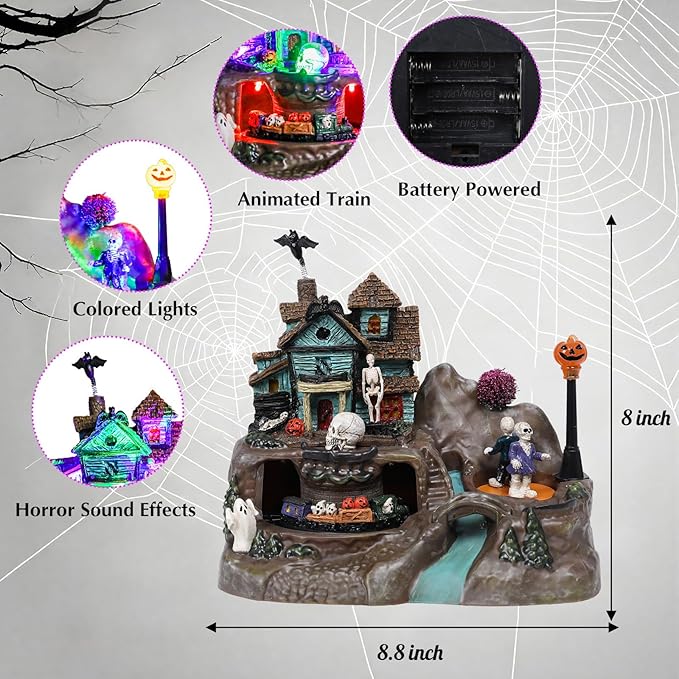DREAM GARDEN Halloween Village Collection, Lighted Spooky Haunted House with Animated Train and Scary Sound Halloween Collectible Bulidings with Skull, Pumpkin, Ghost for Holiday Party Tabletop Decor-Ruum Studio Home