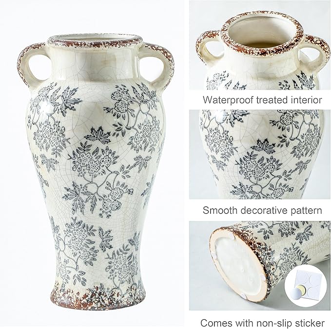 Enra Vintage vase with Handle,12.6 inch Blue and White Ceramic Decorative Flower vase, Chinoiserie Floral Vase,Large Rustic Vases for Home Decors, Living Room, Bookshelf, Office-Ruum Studio Home