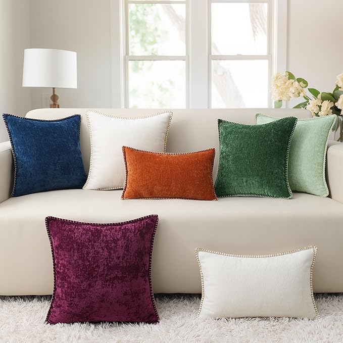 decorUhome Chenille Soft Throw Pillow Covers 22x22 Set of 2, Farmhouse Velvet Neutral Decorative Euro Pillow Covers with Stitched Edge for Couch Sofa Bed Home Decor, White-Ruum Studio Home