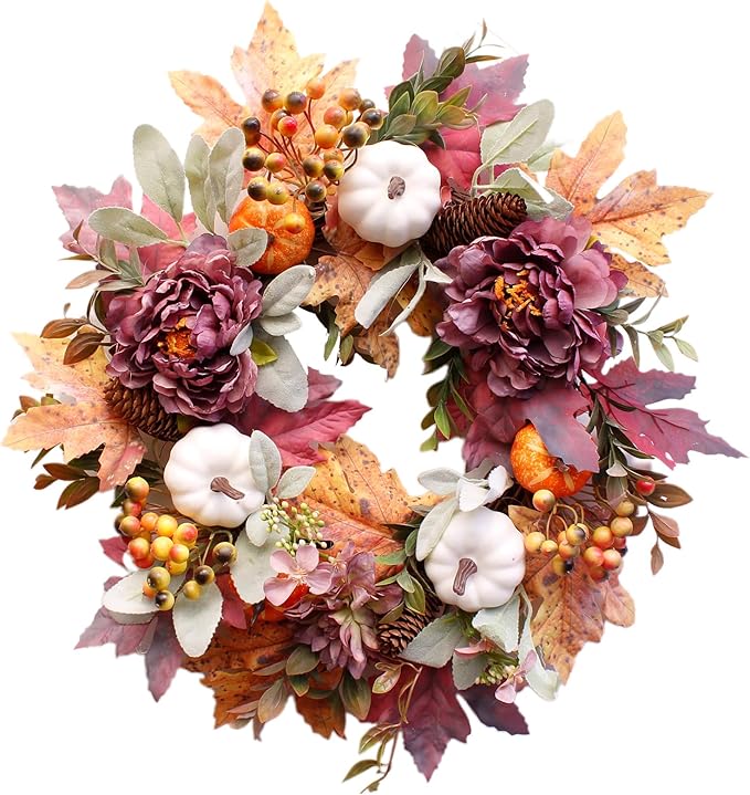 20Inch Fall Wreaths for Front Door,Fall Wreath,Fall Decorations for Home,Autumn Wreaths with White Pumpkins Peony Pine Cones, Fall Door Wreath for Thanksgiving Halloween Indoor Outdoor Decor-Ruum Studio Home