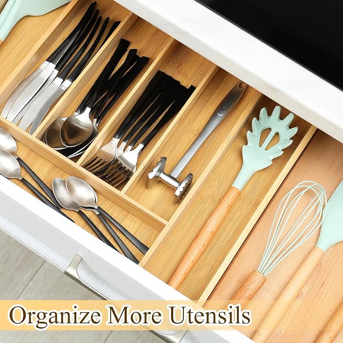 7 Pcs Adjustable Bamboo Drawer Dividers Expandable Drawer Organizers Cutlery Tray Spring Separators Organization for Kitchen Bedroom Bathroom Dresser Office-Ruum Studio Home