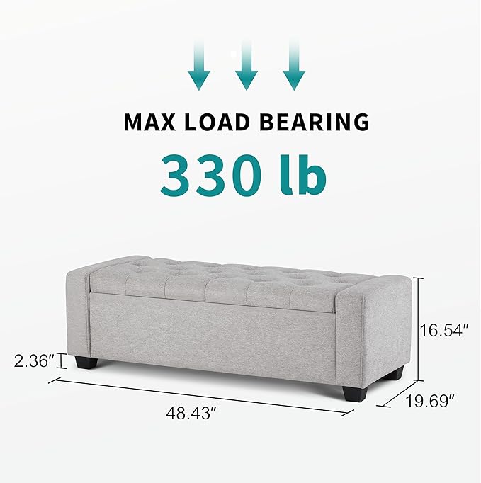 48" Ottoman with Storage, Storage Ottoman Bench with Safety Hinge, Upholstered Entryway Bench with Seating for Bedroom, Living Room, Holds up to 330 lb(Light Gray)-Ruum Studio Home
