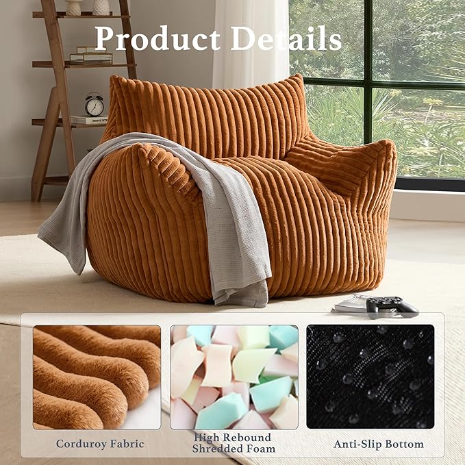 Giant Plush Bean Bag Chair for Adults with Armrests - Oversized Comfy Orange Beanbag Lounge Lazy Floor Sofa Accent Chair for Living Room, Bedroom & Dorm, Cozy Fluffy Single Cloud Mini Couch-Ruum Studio Home