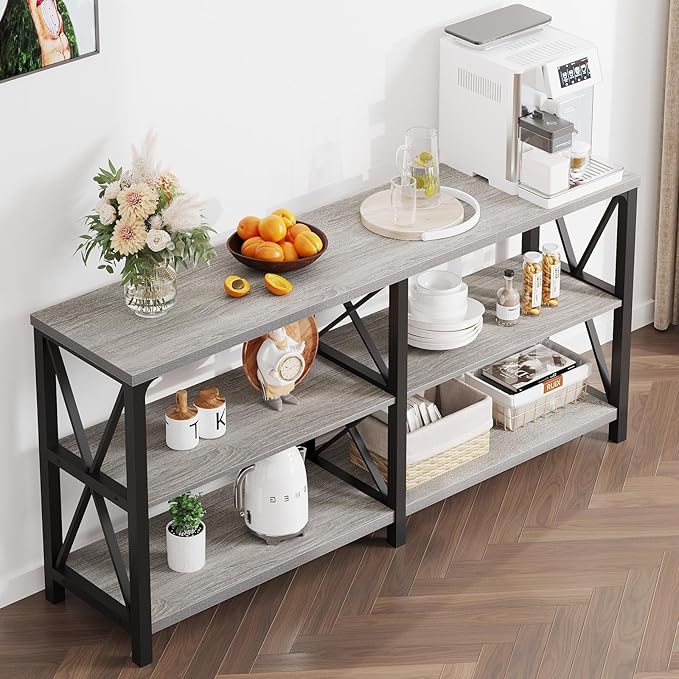 LVB Industrial Entryway Table, Farmhouse Rustic Console Table Behind Couch, Long Metal Wooden Sofa Table with Storage Shelf, Modern Foyer Hallway for Living Room Bedroom, Light Grey Oak, 63 in-Ruum Studio Home