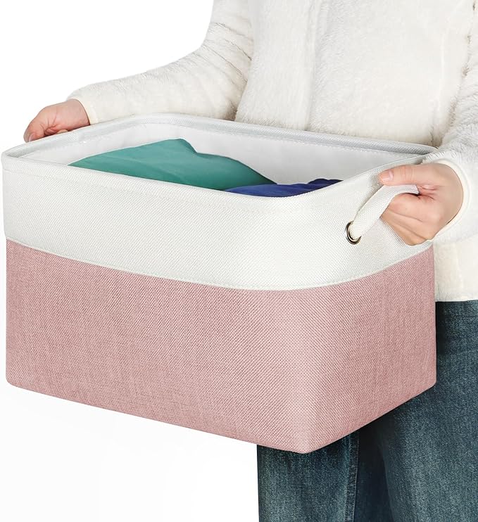 Kntiwiwo Foldable Storage Bins 15" x 10" x 9.5" Fabric Storage Basket Cube with Handles Large Linen Closet Organizer Bins for Organizing Shelf Home, Set of 3, Pink-Ruum Studio Home