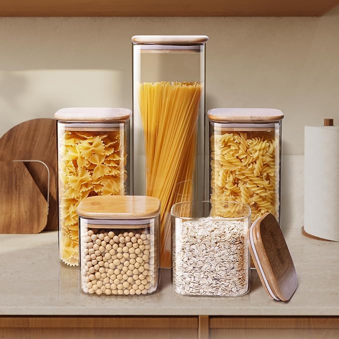Square Glass Jars with Bamboo Lids 17 FL OZ [Set of 12], Glass Canisters with Airtight Lids, Glass Food Storage Containers for Spice, Sugar, Tea, Candies, Cookies, Best for Kitchen & Pantry-Ruum Studio Home