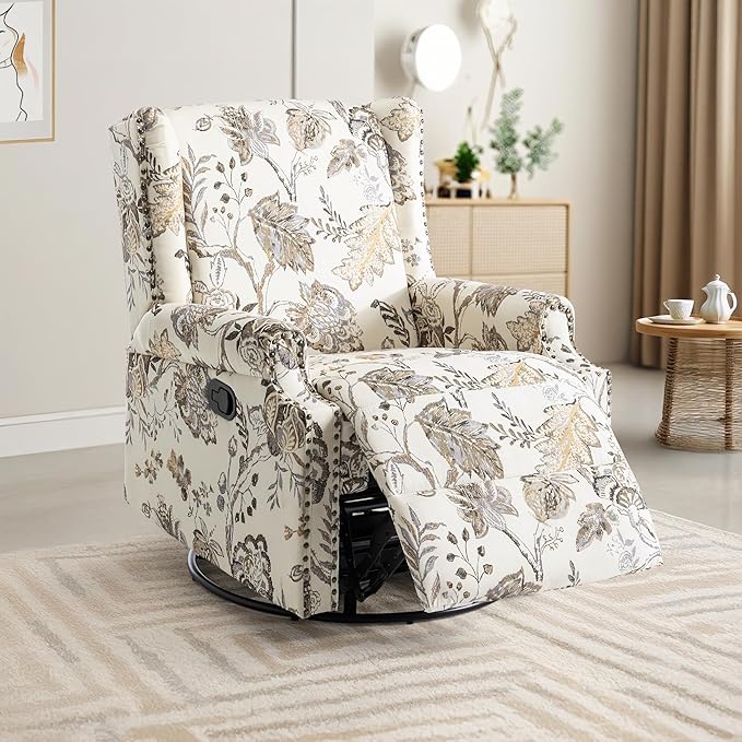 UIXE Swivel Rocker Manual Recliner Chair, Wingback Swivel Glider Fabric Nursery Reclining Sofa Chair, High Back Upholstered Arm Chair for Living Room Bedroom - Beige Plants-Ruum Studio Home