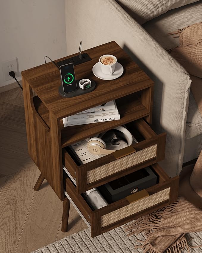 Rattan Nightstand with Charging Station,Modern Bedside Table with 2 Storage Drawer and Open Wood Shelf, for Bedroom and Small Spaces,Night Stand with Solid Wood Legs (Walnut Brown)-Ruum Studio Home