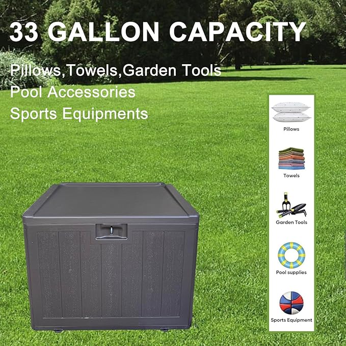 33 Gallon Small Storage Box with Lid,Waterproof Indoor Outdoor Storage Container for Package Delivery,Patio Cushions, Gardening Tools, Pool Accessories, Lockable Resin Deck Box with handle-Ruum Studio Home