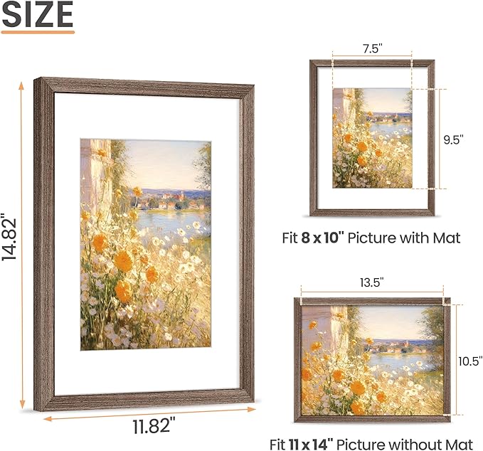 upsimples 11x14 Picture Frame, Natural Solid Wooden Picture Frames, Display 8x10 with Mat or 11 x 14 Without, Vertical or Horizontal Wall Hanging, 1 Pack, Brown-Ruum Studio Home