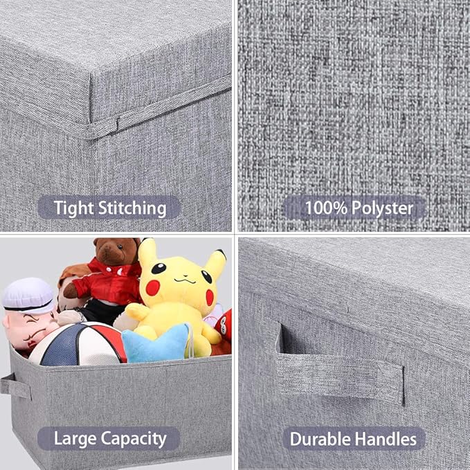 HOONEX Linen Foldable Storage Bins with Lids, 2 Pack, Storage Boxes with Carrying Handles and Sturdy Heavy Cardboard, 16.5" L x 11.8" W x 7.5" H for Shoes, Books, Clothes, Light Grey-Ruum Studio Home