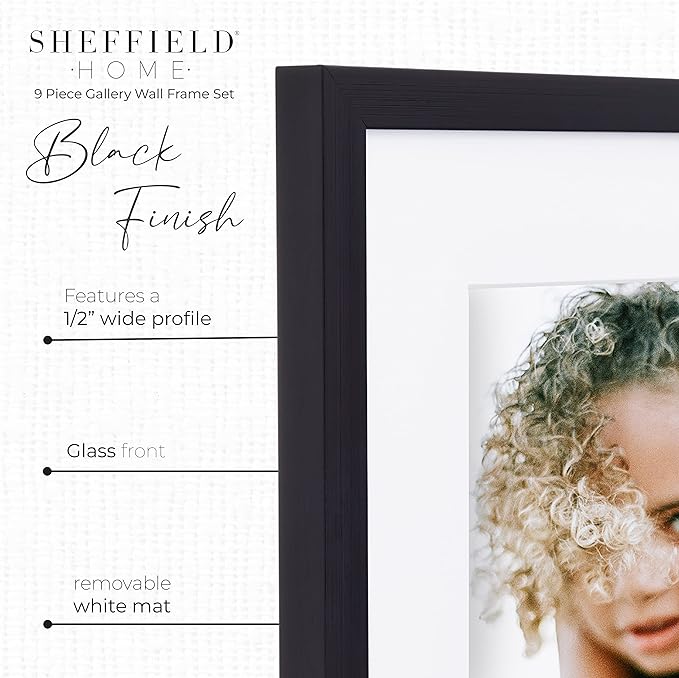 Sheffield Home 9 Piece Gallery Wall Frame Set, 12x12 in. Matted to 8x8 in. (Matte Black)-Ruum Studio Home