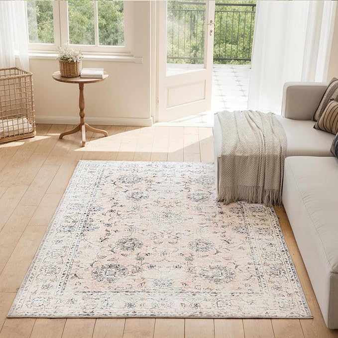5'x7' Vintage Floral Rug - Persian Inspired Low-Pile Faux Wool Area Rug, Non-Slip Washable Rug for Bedroom, Nursery, Dorm, Soft Pink Boho Chic Decor-Ruum Studio Home