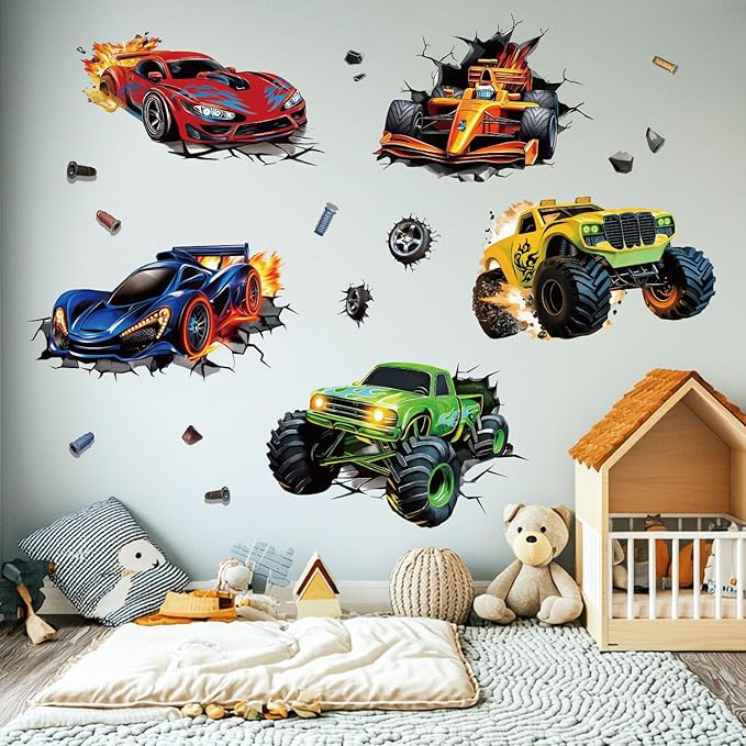 3D Racing Cars Wall Decals - Truck Bursting Through Wall, F1 Racing Cars Wall Stickers for Kids Room Boys Bedroom-Ruum Studio Home