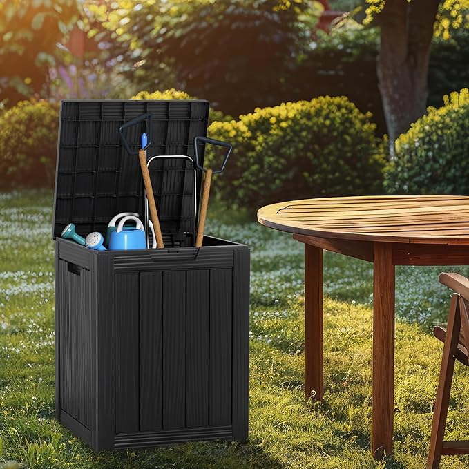 Vixzen 28 Gallon Outdoor Deck Box,Lockable Resin Waterproof Storage Box,UV Resistant,Weather Resistance,Outside Storage Bin for Gardening Tools,Pool Supplies,Black-Ruum Studio Home