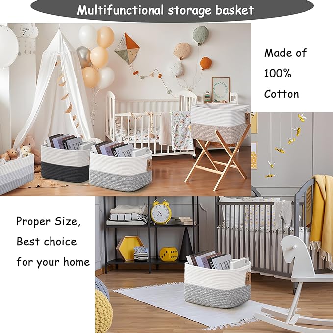 COMFY-HOMI Cotton Rope Woven Basket with Handles for Shelves,Toys,Book, Cloth Storage Baskets Bin for Organizing-13.5"x11"x9.5" Toy Decorative Organizer for Living Room, Bathroom-White/Grey-Ruum Studio Home