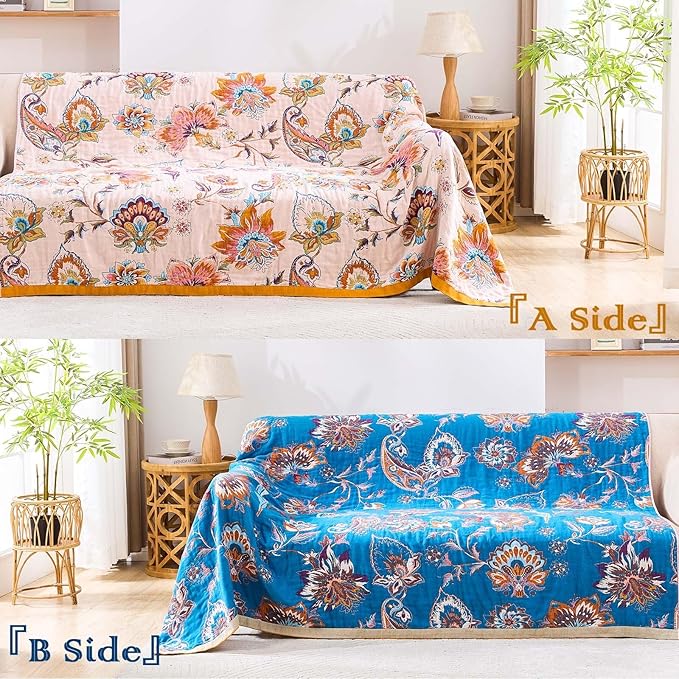 Boho Throw Blanket for Bed, 100% Cotton Soft Rustic Quilt Fall Blanket, 90"x98" Floral Printed Farmhouse Decor Bed Blankets, All Season Rustic Reversible Bohemian Throw Quilt-Ruum Studio Home