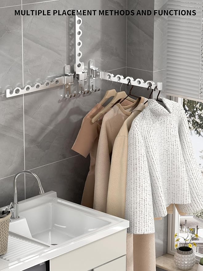 Dr.DJ Wall Hanger for Clothes, Coat Hanger Wall Mounted Silver Retractable Clothes Drying Organizer Rack Garment Hooks Aluminium Folding Indoor Space Save (2 Racks) Silver-Ruum Studio Home