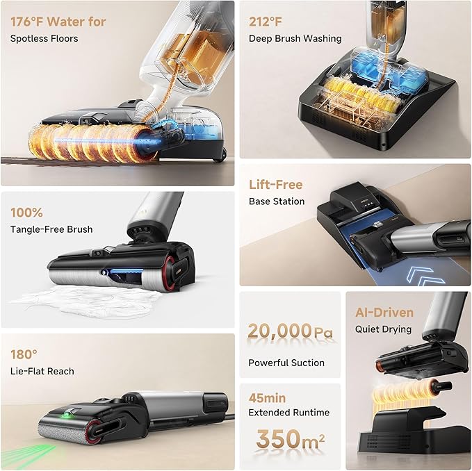 Mova X4 Pro Wet Dry Vacuum Cleaner, 20000Pa Cordless Vacuum Mop with Zero Tangle, Hot Water Mopping for Sticky Messes,194℉ Hot Air Self Drying, 180° Lie Flat, Push-In Charging Station, LED Display-Ruum Studio Home