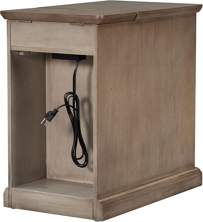 Traditional Wood End Table with Charging Station, Modern Vintage Sofa Chair Side Table Nightstand with Storage & Drawer for Living Room Bedroom, No Assembly, Antique Brown-Ruum Studio Home