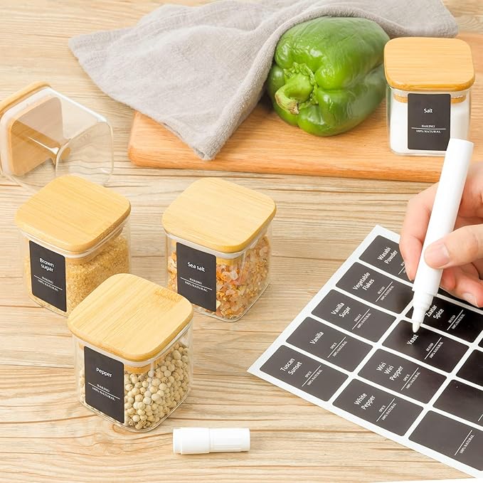 ComSaf 12Pcs Glass Spice Jars with Bamboo Lid, 4oz Airtight Square Spice Containers with 275 Black Lables, Empty Seasoning Jars for Spice Salt Sugar-Ruum Studio Home
