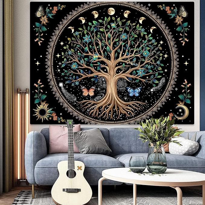 Lunerfex Tree of Life Tapastry Sun and Moon Tapastry Flower Boho Tree Mandala Wall Hanging for Bedroom and Living Room Decor Green Tree 70×90 Inches-Ruum Studio Home