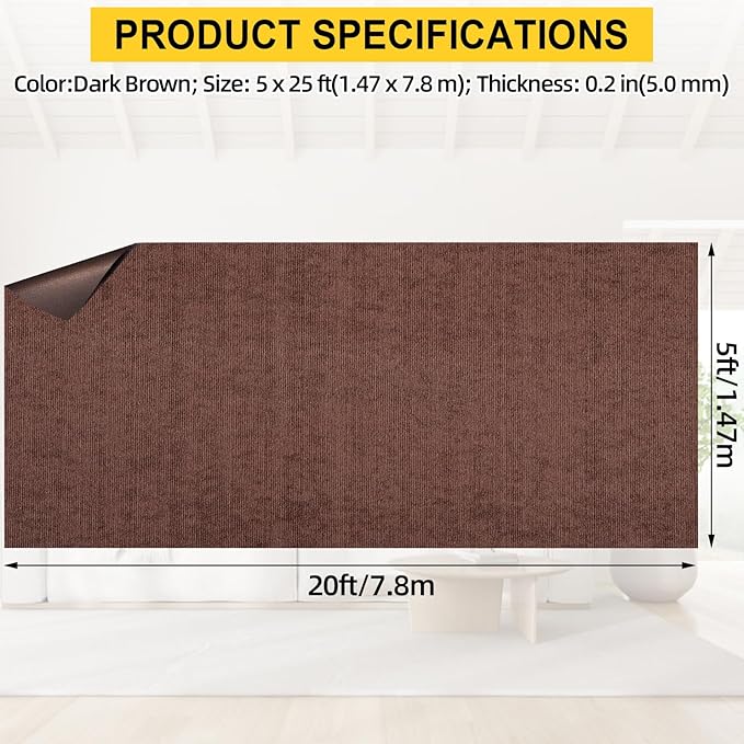 Marine Carpet,5 FT x 25 FT Brown Indoor Outdoor Carpet 0.2" Thick Boat Carpet with Water-Proof TPE Backing, Non-Slide Outdoor Marine Carpet Roll for Home, Patio, Porch, Deck-Ruum Studio Home