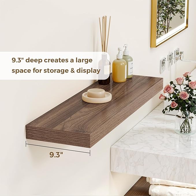 Dreamland 36 Inches Floating Shelves for Wall, 9.3" Deep Long Floating Shelves Set of 2, Large Display & Storage Shelf, Wall Shelf for Bathroom Bedroom Living Room Kitchen Office, Walnut-Ruum Studio Home