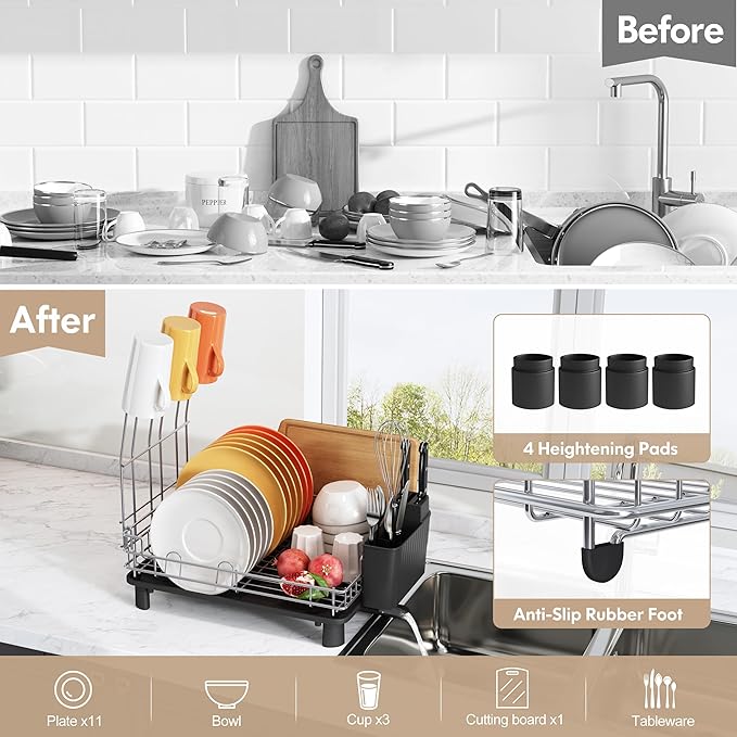 BOOSINY Stainless Steel Dish Drainers Drying Rack for Kitchen Counter with Automatic Drainage, 1 Tier Rust Proof Metal, Space Saving, Modern Aesthetic, Compact Plates Strainers,Gray-Ruum Studio Home