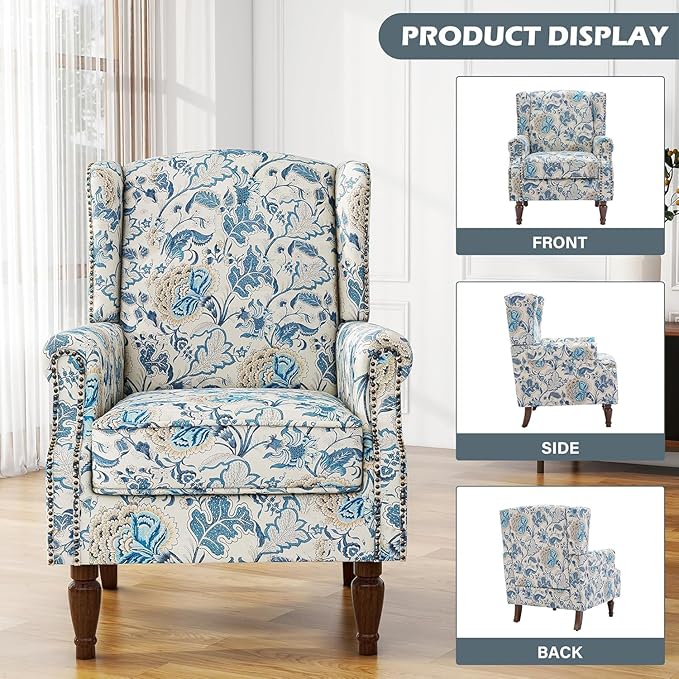 UIXE High Back Floral Accent Chair, Fabric Upholstered Armchair for Living Room, Retro Printed Wingback Arm Chair Nailhead Trim Single Sofa Bedroom Reading Seat - Boho Blue-Ruum Studio Home