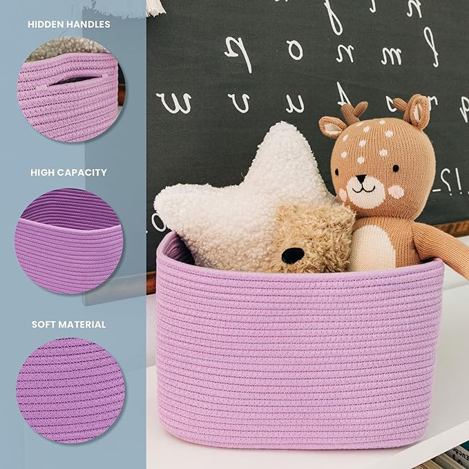 OrganiHaus Woven Storage Baskets for Organizing, Cotton Rope Organizer Bins for Shelves, Closet & Nursery, Dog Toy Basket, Decorative Bins for Toys, Towels & Books - 15x10x9, Purple-Ruum Studio Home