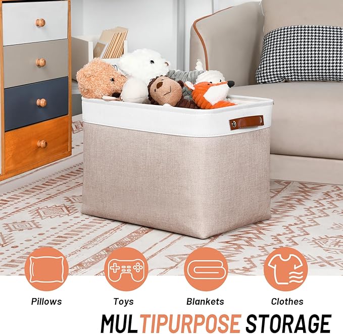 DULLEMELO Fabric Storage Bins, Lining Fabric Baskets For Gifts, Large Storage Baskets for Toys Books Clothes Storage, Foldable Storage Basket for Office Home Shelves Closets Organizing(White&Khaki)-Ruum Studio Home