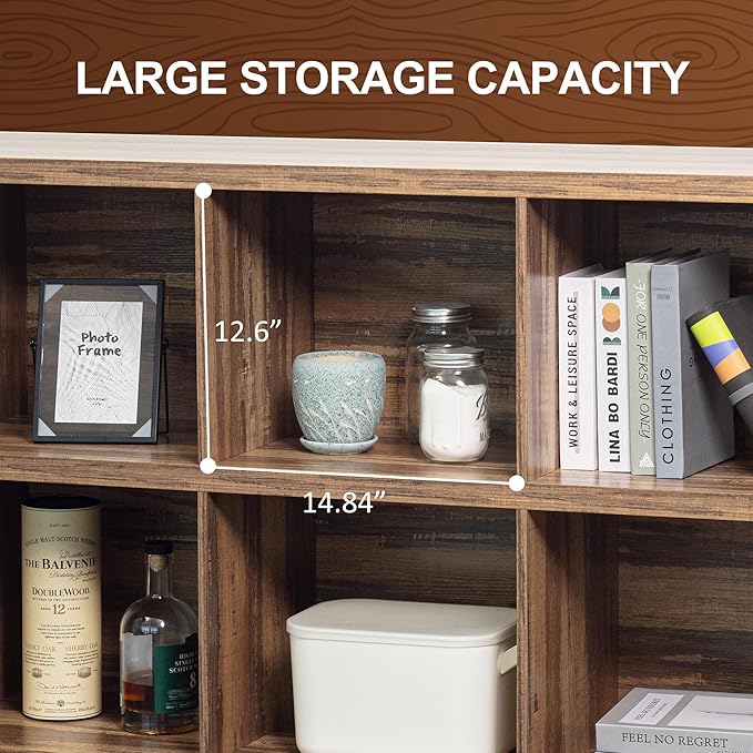 8 Cube Storage Organizer Bookshelf, Industrial Horizontal Bookcase, Accent Cubby Shelf, Media Console Table for Living Room, Home Office, 63 Inches, Light Oak-Ruum Studio Home