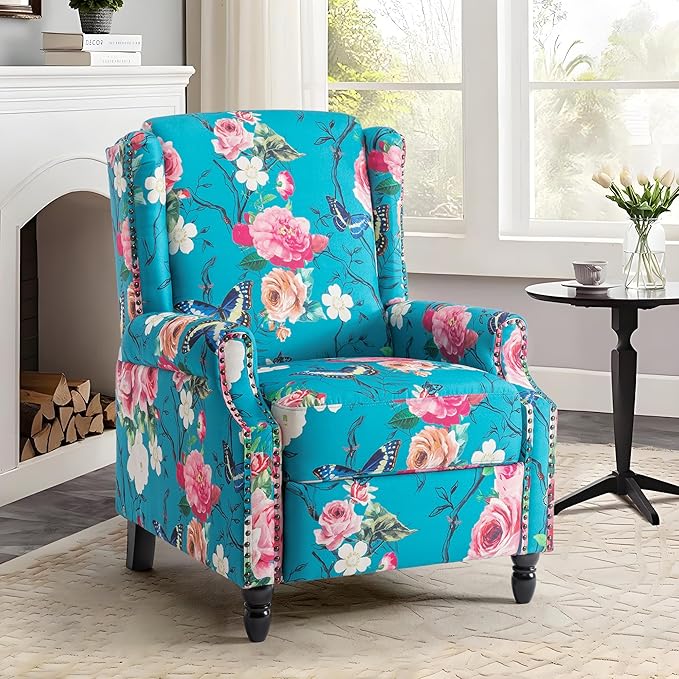 UIXE Floral Pushback Recliner Chairs Set of 2, Fabric Upholstered Armchair Push Back Accent Chair for Living Room, Rivet Trim Club Chair Home Theater Single Sofa Reading Seat - Peacock Blue-Ruum Studio Home