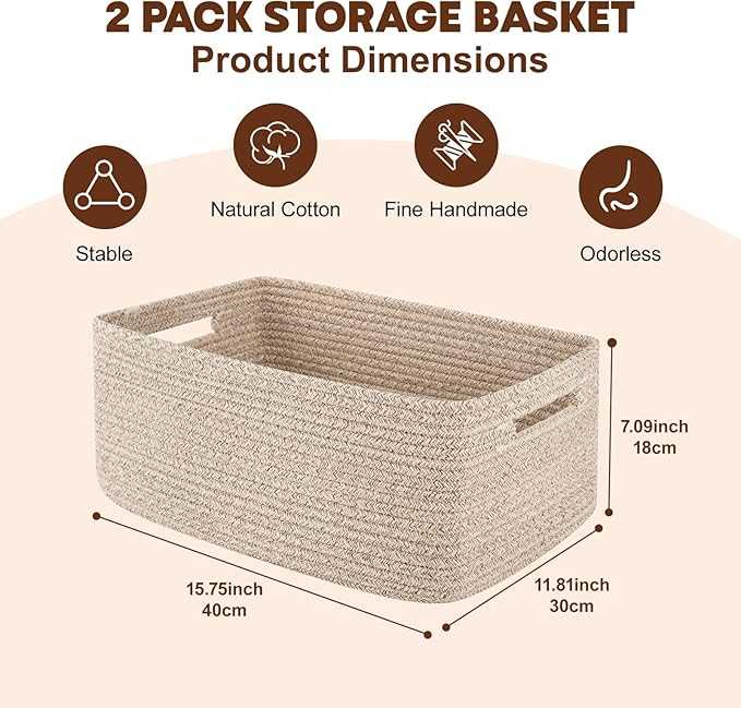OIAHOMY Storage Basket for Shelves, Closet Cube Storage Bins Baskets for Clothes Blanket Towels, Baby Nursery, Toy Box, Woven Rope Basket, 15.75*11.81*7.09 IN, 2 Packs Brown-Ruum Studio Home