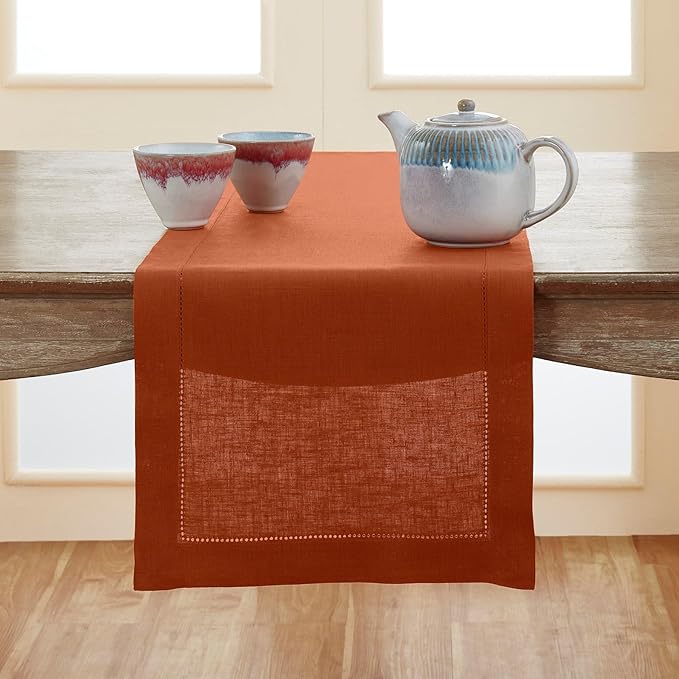 Solino Home Linen Cinnamon Hemstitch Table Runner 48 Inches - 100% Pure Linen Small Table Runner 14 x 48 Inch Ideal for Dresser and Coffee Tables - Classic Hemstitch - Fall, Halloween, Thanksgiving-Ruum Studio Home