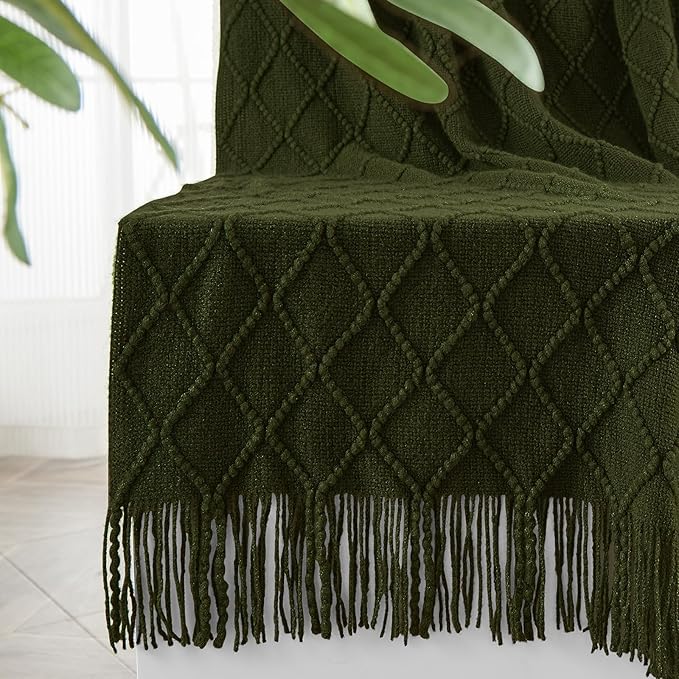 inhand Knitted Throw Blankets for Couch and Bed, Soft Cozy Knit Blanket with Tassel, Dark Green Lightweight Decorative Blankets and Throws, Farmhouse Warm Woven Blanket for Men and Women, 50"x60"-Ruum Studio Home
