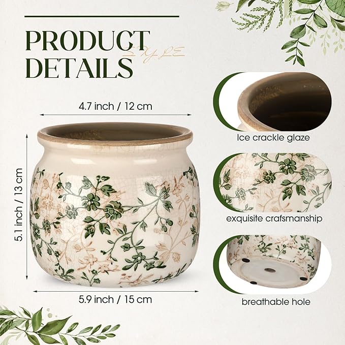 Vintage Planter Large Ceramic Plants Pot Green Pink Pastoral Floral Ice Crack Cottage Scroll Vase Flower Vase Pot Indoor Plants Home Kitchen Decor Farmhouse Antique Decorative Gifts-Ruum Studio Home